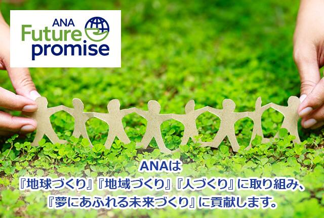 ページトップの画像には、ANA Future Promiseの特別塗装機に手を振るANAの制服を着た二人の社員が写っています。