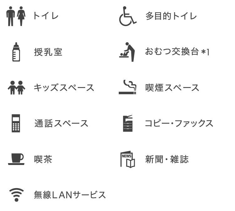 トイレ、多目的トイレ、授乳室、おむつ交換台*1、キッズスペース、喫煙スペース、通話スペース、コピー・ファックス、喫茶、新聞・雑誌、無線LANサービス