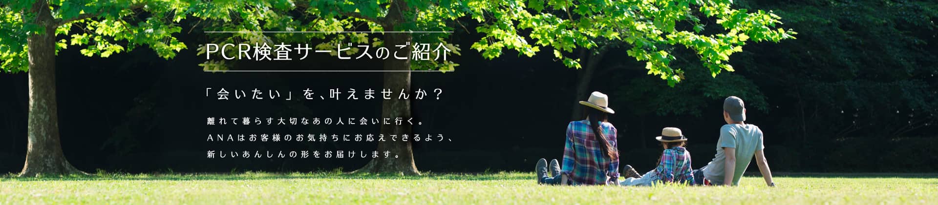 PCR検査サービスのご紹介 「会いたい」を、叶えませんか？ 離れて暮らす大切なあの人に会いに行く。ANAはお客様のお気持ちにお応えできるよう、新しいあんしんの形をお届けします。