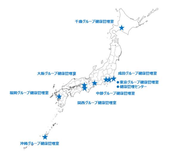 千歳グループ健康管理室、成田グループ健康管理室、東京グループ健康管理室、健康管理センター、中部グループ健康管理室、関西グループ健康管理室、大阪グループ健康管理室、福岡グループ健康管理室、沖縄グループ健康管理室