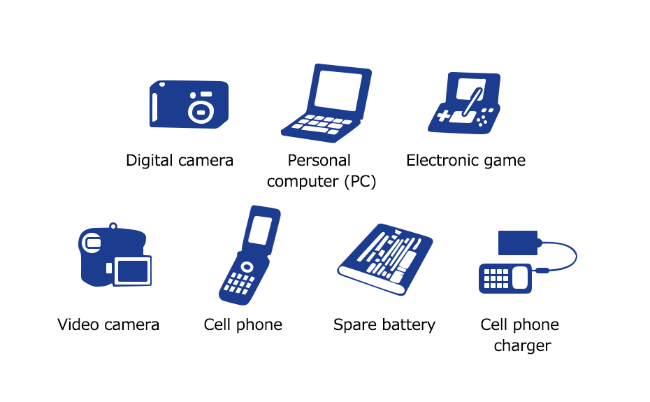 Digital camera, Personal computer(PC), Electronic game, Video camera, Cell phone, Sparebattery, Cell Phone Charger