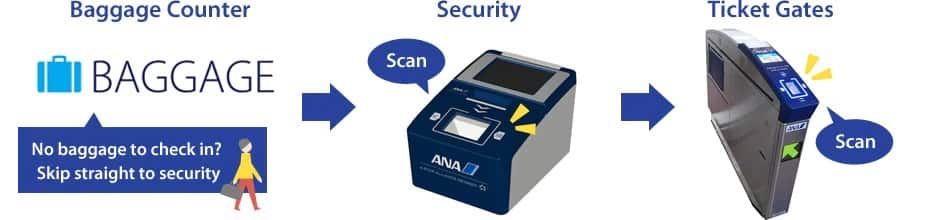 This image shows the procedures from the baggage drop counter up to the boarding gate.