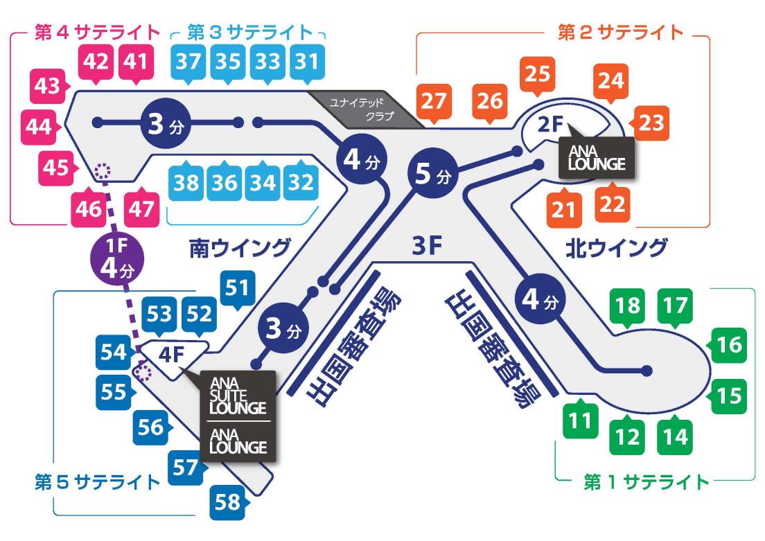 ANA SUITE LOUNGEは第5サテライト4階、ANA LOUNGEは第5サテライト4階、第2サテライト2階の2ヶ所にあります。搭乗口までの移動の所要時間は、南ウイング出国審査場から第2サテライトまでは5分、第3サテライトまでは4分、第4サテライトまでは7分、第5サテライトテライトまでは3分です。第2サテライトから第1サテライトまでの所要時間は4分です。