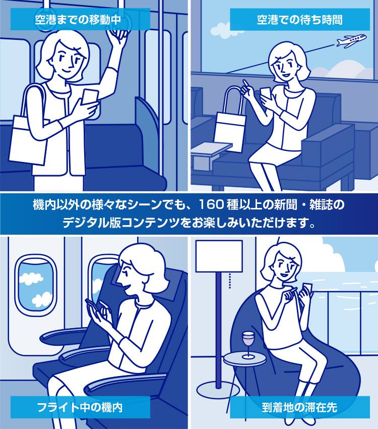 機内以外の様々なシーンでも、160種以上の新聞・雑誌のデジタル版コンテンツをお楽しみいただけます。 空港までの移動中 空港での待ち時間 フライト中の機内 到着地の滞在先