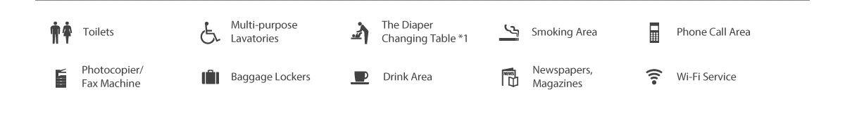 Toilets、Multi-purpose Lavatories、The Diaper Changing Table*1、Smoking Area、Phone Call Area、Photocopier/Fax Machine、Baggage lockers、Drink Area、Newspapers,Magazines、Wi-Fi Service
