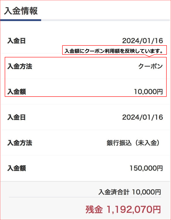 入金額にクーポン利用額を反映しています。