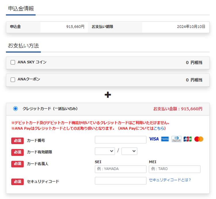 PEX運賃（正規割引運賃） 最終確認・お支払い選択画面の画像