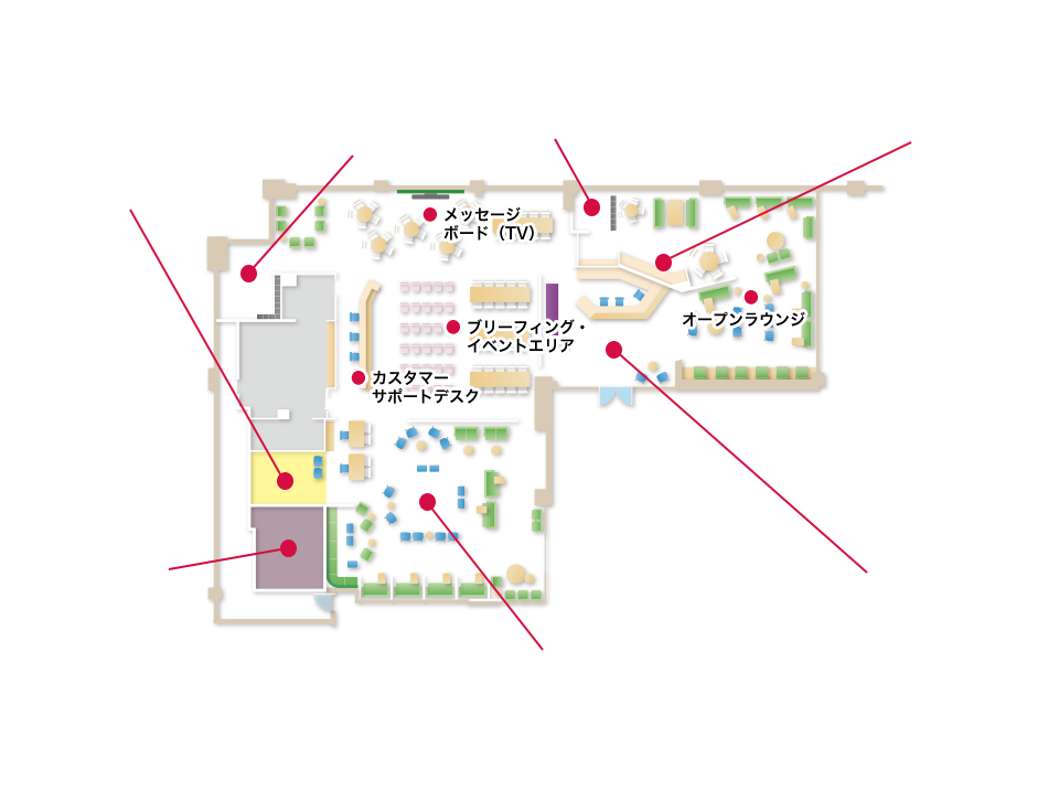 マハロラウンジ見取図です。設備の場所やサービス等につきましては、現地受付にてお問い合わせください。