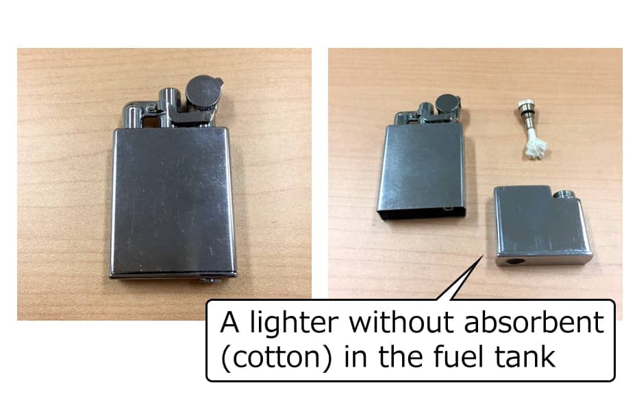 A lighter without absorbent(cotton) in the fuel tank