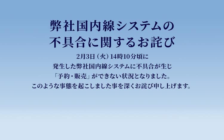 弊社国内線システムの不具合に関するお詫び　2月3日（火）14時10分頃に発生した弊社国内線システムに不具合が生じ「予約・販売」ができない状況となりました。このような事態を起こしました事を深くお詫び申し上げます。