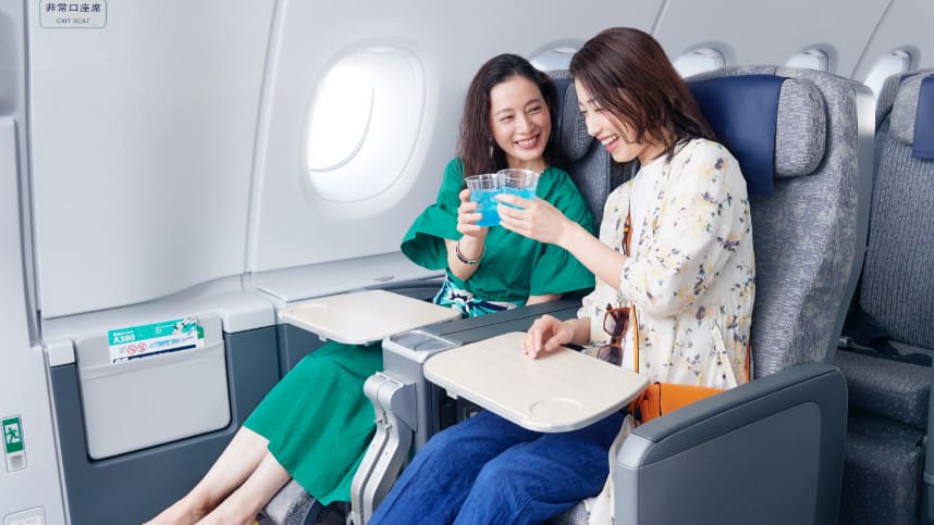 ANA staff talking to Premium Economy passenger